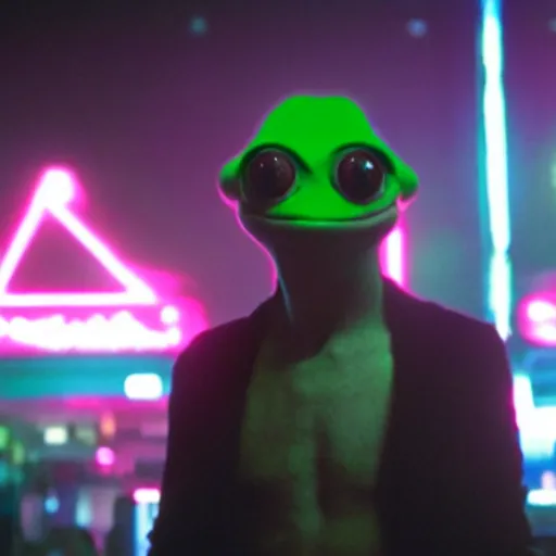 Prompt: cinematic portrait of pepe the frog as a replicant in a busy nightclub, frightened and angry, still from the movie bladerunner, fashion photography, a neon sign is in the background