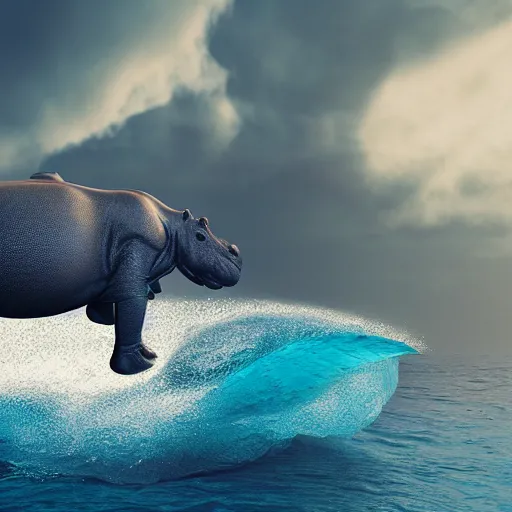 Image similar to hippopotamus on a surfboard, surfing bright blue waves of an ocean off hawaii, digital art, octane render, imax, trending on artstation, dark mood