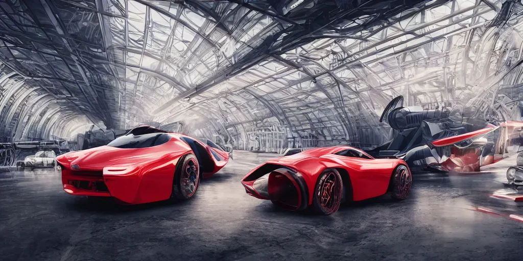 Image similar to kama russian electrocar, inside futuristic hangar, red car, sharp focus, ultra realistic, ultra high pixel detail, cinematic, intricate, cinematic light, concept art, illustration, art station, unreal engine 8 k