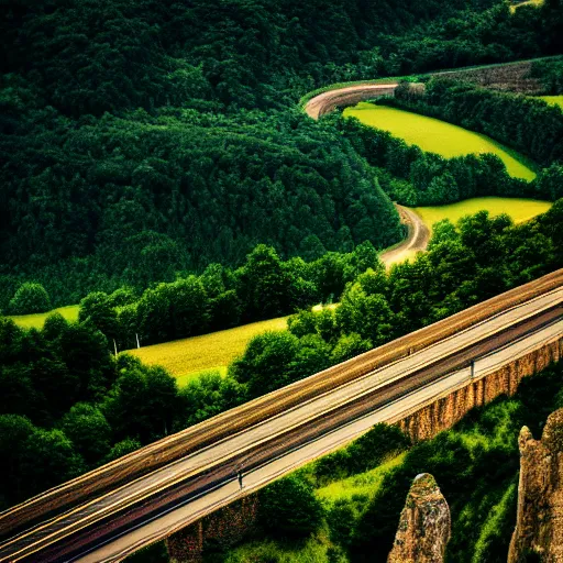 Prompt: 90s kodak photo of a rural countryside, hilly, sharp cliffs, forested, natural, beautiful, warm lighting, hyperdetailed, tilt shifted, highway, train bridge, digital photography