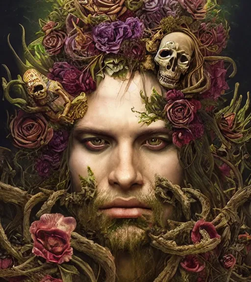 Image similar to portrait of the supreme king of the underworld, surrounded by skulls and overgrowth and dark flowers by karol bak, Tomasz Alen Kopera, James Jean, tom bagshaw, rococo, trending on artstation, cinematic lighting, hyper realism, octane render, 8k, hyper detailed.