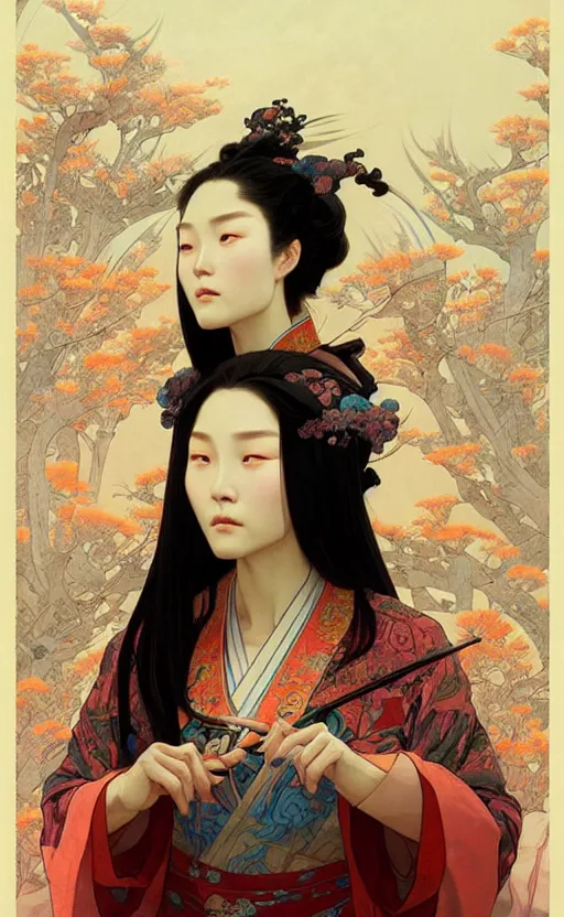 Prompt: ancient chinese beauties with beautiful eyes, highly detailed, digital painting, artstation, concept art, sharp focus, illustration, art by greg rutkowski and alphonse mucha and victo ngai