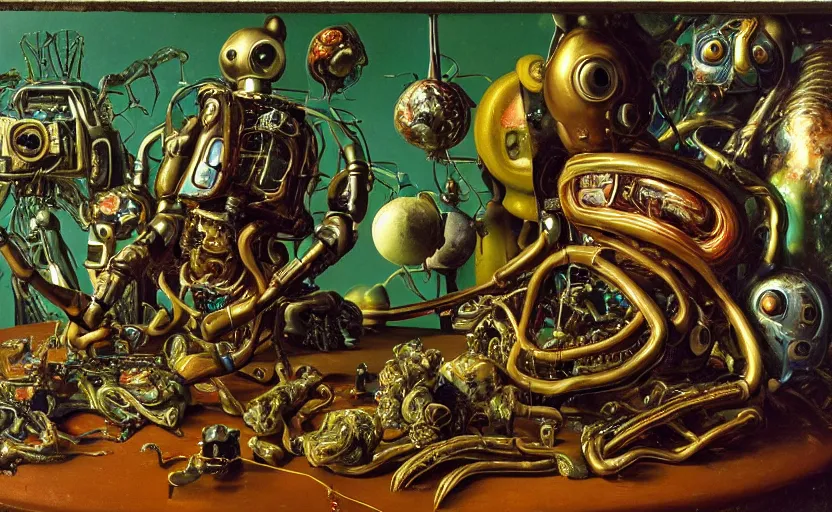 Image similar to strange intricate futuristic robot body, disturbing colorful oil painting dutch golden age vanitas still life sparse composition with bizarre detailed objects strange gooey transparent surfaces shiny metal reflections bizarre mutant meat insects rachel ruysch dali todd schorr very detailed perfect composition rule of thirds masterpiece canon 5 0 mm, cinematic lighting, photography, retro, film, kodachrome