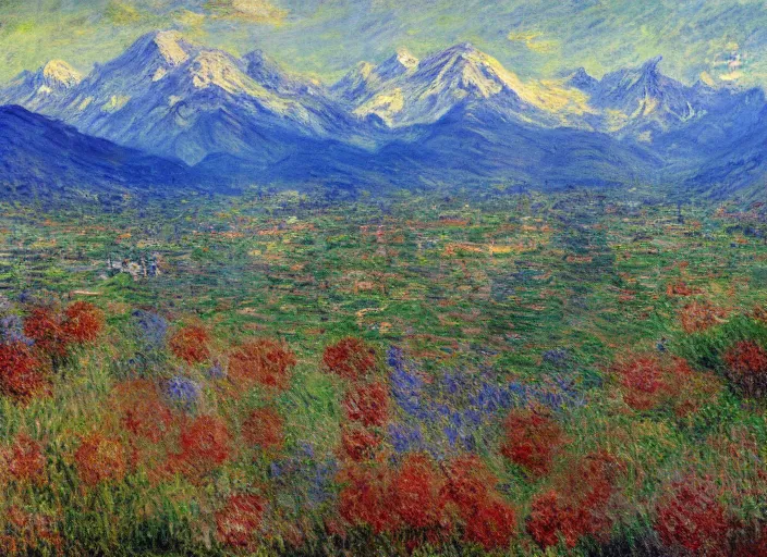 Prompt: a landscape of the city of santiago de chile with the andes mountain range background impressionist painting by monet