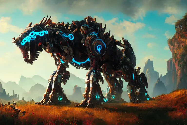 Image similar to grimhorn fanghorn machine mecha animal beast robot of horizon forbidden west horizon zero dawn bioluminiscence global illumination ray tracing hdr fanart arstation by sung choi and eric pfeiffer and gabriel garza and casper konefal