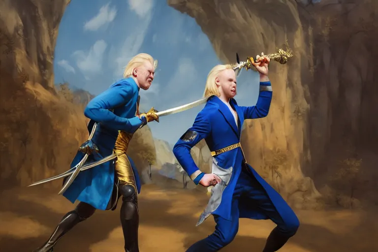 Prompt: a blond man in a blue suit sword fight with a jester, sunny day, matte painting, bold shapes, hard edges, street art, trending on artstation, by huang guangjian, gil elvgren, ruan jia, randy vargas, greg rutkowski