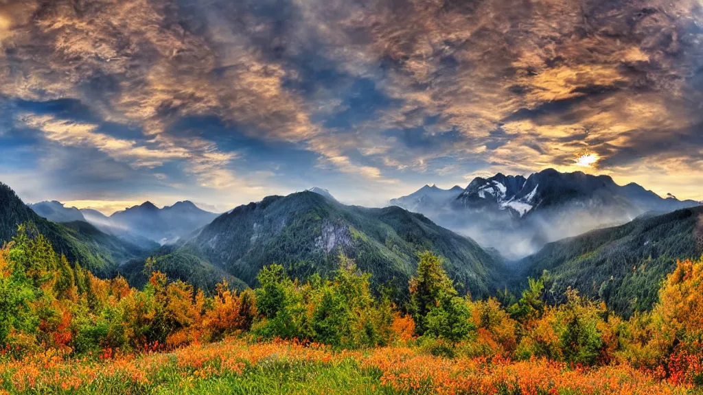 Image similar to The most beautiful panoramic landscape, oil painting, where the mountains are towering over the valley below their peaks shrouded in mist, the sun is just peeking over the horizon producing an awesome flare and the sky is ablaze with warm colors and stratus clouds. A giant dreamy waterfall creates a river, it is winding its way through the valley and the trees are starting to bloom in pink colors, by Greg Rutkowski, aerial view