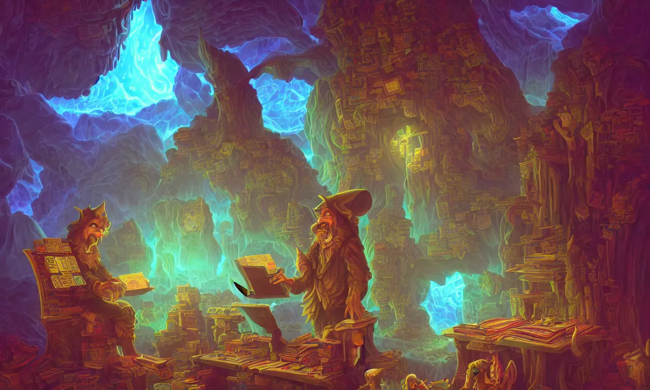 Prompt: large kerberos realm, faked ticket close up, wizard reading a directory, colorful ravine, 3 d art, digital illustration, perfect lighting