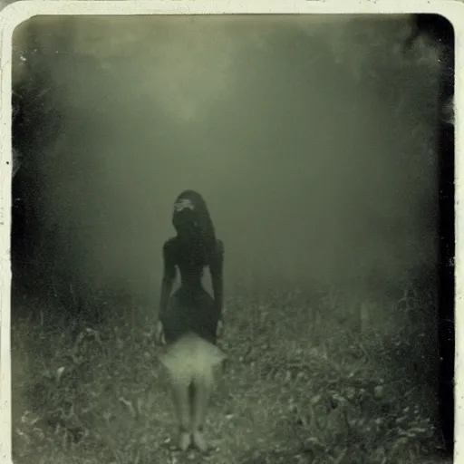 Image similar to an ancient evil-girl devouring the souls of the human kind on an abandoned house, Colombian jungle, mist, 1910 polaroid photography, grainy film, Black and white