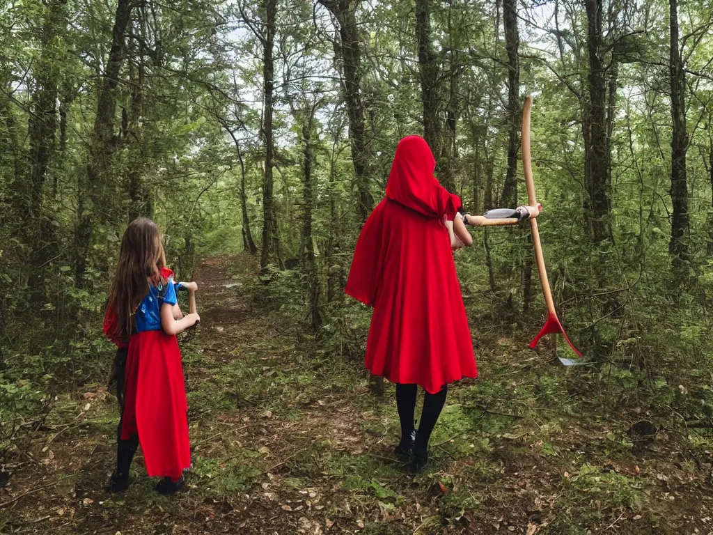 Prompt: a girl in a red hood with a twohanded axe in mysty woods