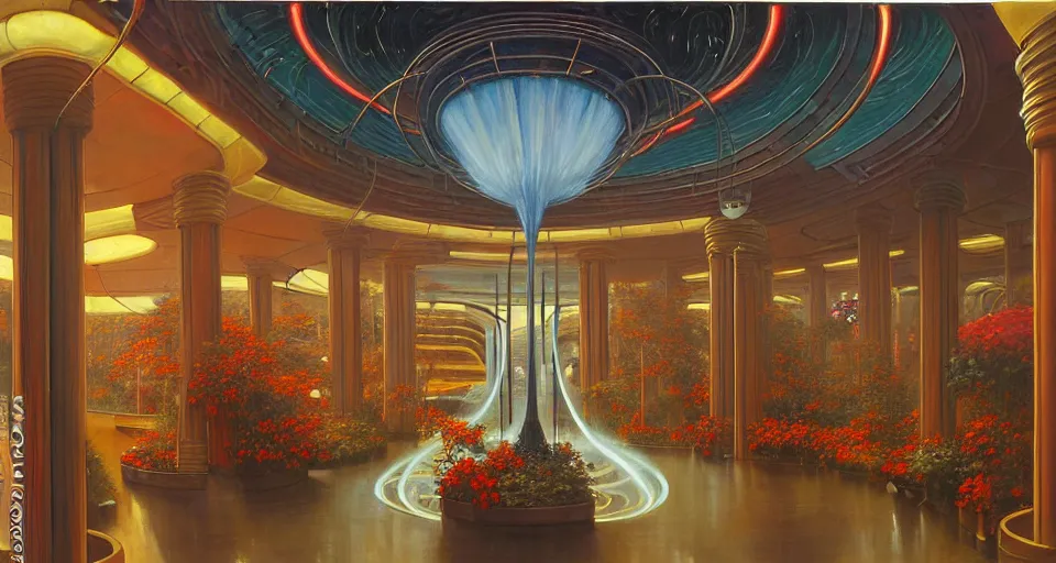 Prompt: a minimalist oil painting by donato giancola, warm coloured, cinematic scifi bioluminescent luxurious futuristic foggy steam filled art deco garden circular shopping mall interior with microscopy minimalist stained glass flowers growing out of pretty bulbous ceramic fountains, gigantic pillars and flowers, maschinen krieger, beeple, star trek, star wars, ilm, star citizen