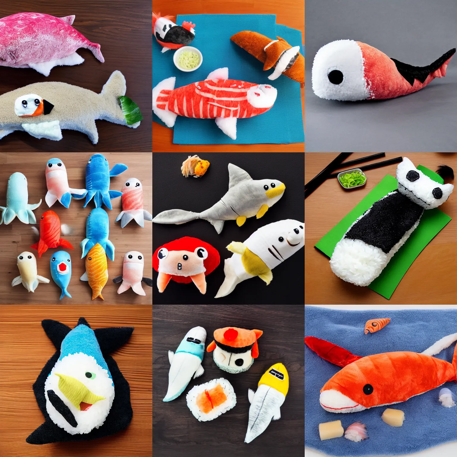 Prompt: Plush shark sushi, stuffed toy, rice, fish