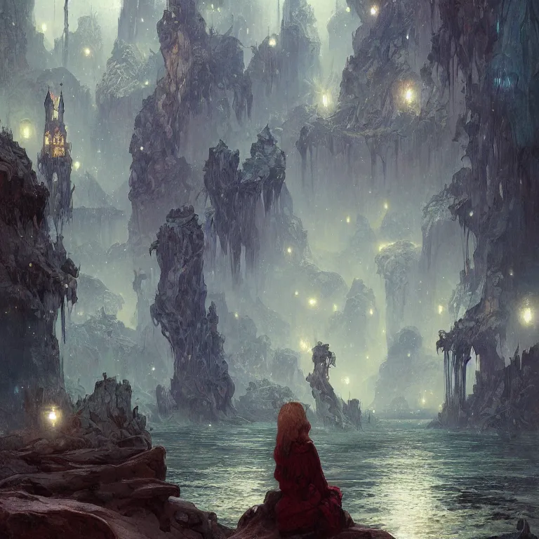 Prompt: a beautiful painting of the view from the river of the caverns measureless to man down to a sunless sea, at night with a sky full of stars, intricate, elegant, highly detailed, digital painting, artstation, concept art, by krenz cushart and artem demura and alphonse mucha