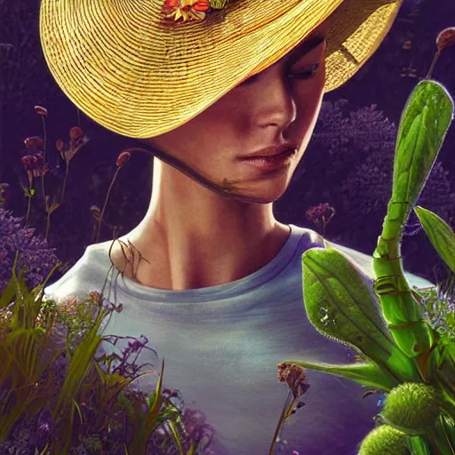 Image similar to slightly rusty nonhuman robot gardener in a straw hat, waters flowers, highly detailed, texture, background greenhouse, mild dreamy professional lighting, digital art, smooth, sharp focus, illustration, wide angle shot, full body visible, art by artgerm, by rutkowsky, from Treasure Planet,