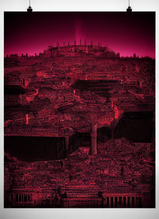 Image similar to dark design poster showing a majestic roman city, black background with very subtle red and purple design elements, powerful, nekro, vito acconci, thin straight lines, dark, glitch art, neo vaporwave, gritty, layout frame, square, trending on artstation