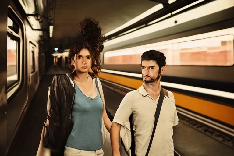 Image similar to vfx movie couple in a train station flat color profile edge lit cinematography