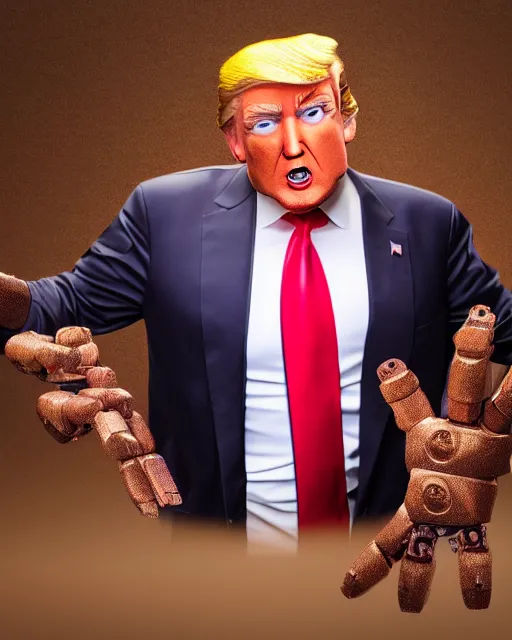 Image similar to Donald Trump as an animatronic Robot, Hyperreal, highly detailed hands and Face, Full Body, Studio Lighting, in the Style of Disney Imagineering