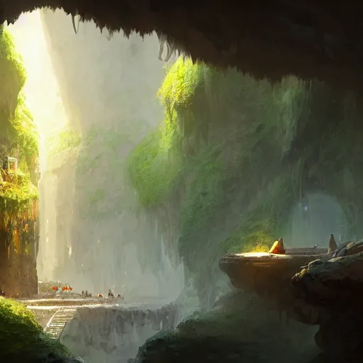 Image similar to cozy, hotspring hidden in a cave, candlelight, towels, cushions, natural light, lush plants and flowers, elegant, smooth cave rock, fantasy, atmospheric lighting, digital painting, Greg Rutkowski concept art