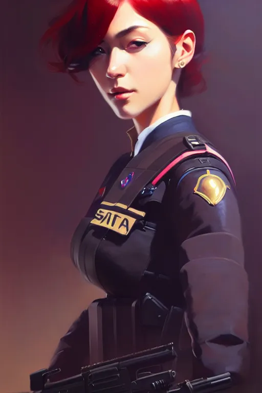 Image similar to a ultradetailed beautiful panting of a stylish swat woman, oil painting, by ilya kuvshinov, greg rutkowski and makoto shinkai, trending on artstation