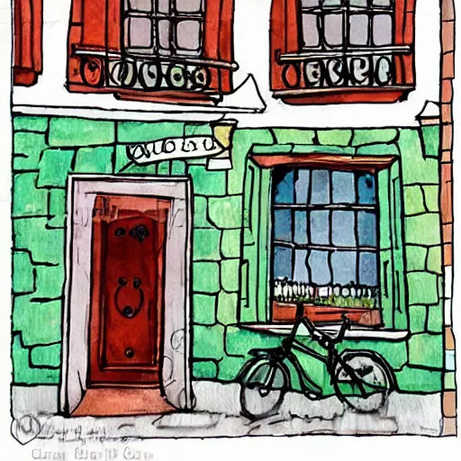 Image similar to beautiful cute cozy very little cafe on a cobblestone street, cute cartoon, low detail, white background, watercolor, 4 colors!!!