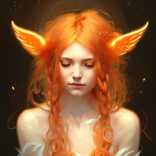 Image similar to Portrait of a girl angel with pale orange colored fuzzy frizzy hair, cat ears, glowing halo, wings, fantasy, intricate, elegant, highly detailed, digital painting, artstation, concept art, smooth, sharp focus, illustration, art by Krenz Cushart and Artem Demura and alphonse mucha