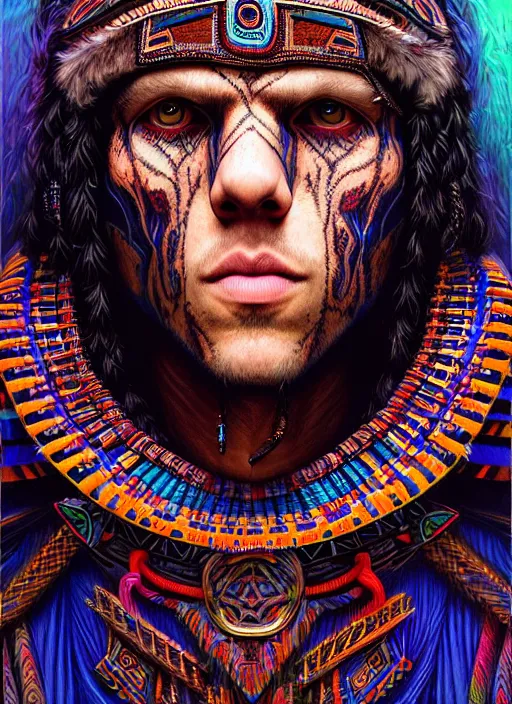 Prompt: portrait of jesse eisenberg, hyper detailed ultra sharp aztec shaman warrior. trending on artstation, warpaint aesthetic, bloodwave, colorful, psychedelic, ornate, intricate, digital painting, concept art, smooth, sharp focus, illustration, art by artgerm and greg rutkowski and h. r. giger, 8 k