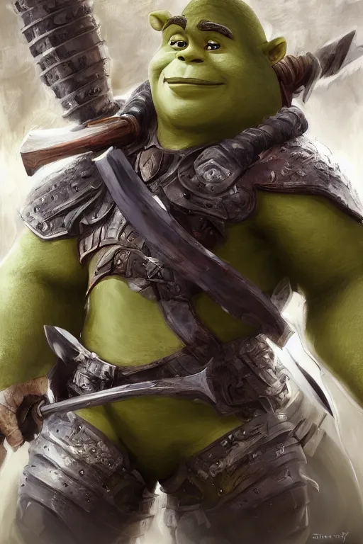 Image similar to A realistic anime portrait of Shrek, warrior, D&D, dual Axe wielding, full body plated armor, dungeons and dragons, tabletop role playing game, rpg, jrpg, digital painting, by Stanley Artgerm Lau, Frank frazzeta, WLOP and Rossdraws, digtial painting, trending on ArtStation, SFW version