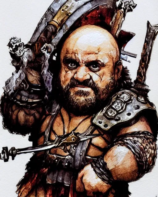 Prompt: Danny DeVito as a dwarf barbarian, drawn by Yoji Shinkawa, water color, Dungeons and Dragons, Wizards of the Coast