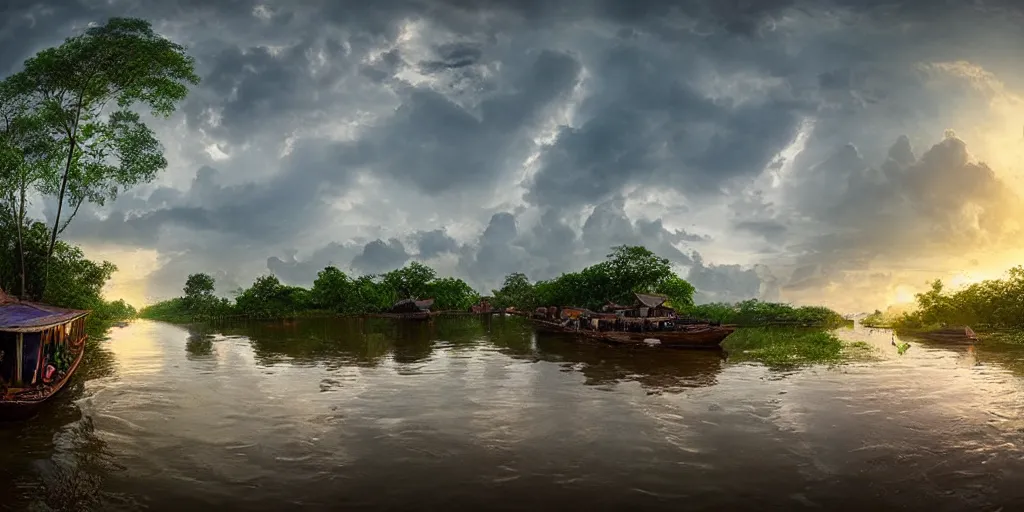 Prompt: a detailed beautiful matte painting of the Mekong River Delta by Mikko Lagerstedt and Raphael Lacoste, fisheye lens