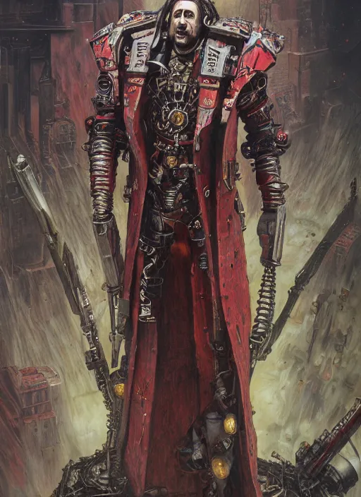 Image similar to portrait of rotten Nicolas Cage as adeptus mechanicus in red hood and robe from Warhammer 40000. Highly detailed, artstation, illustration by and John Blanche and zdislav beksinski and wayne barlowe and Gustav Klimt