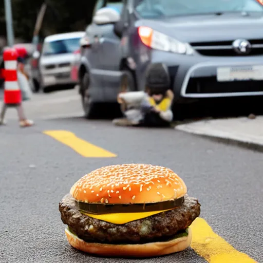 Prompt: a cheeseburger crossing the street