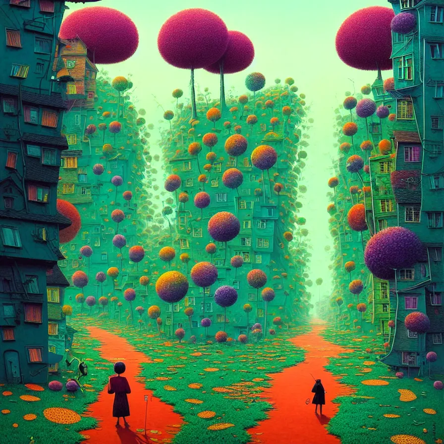 Image similar to surreal glimpse into other universe, jalan - jalan, summer morning, very coherent and colorful high contrast, art by!!!! gediminas pranckevicius!!!!, geof darrow, floralpunk screen printing woodblock, dark shadows, hard lighting, stipple brush technique,