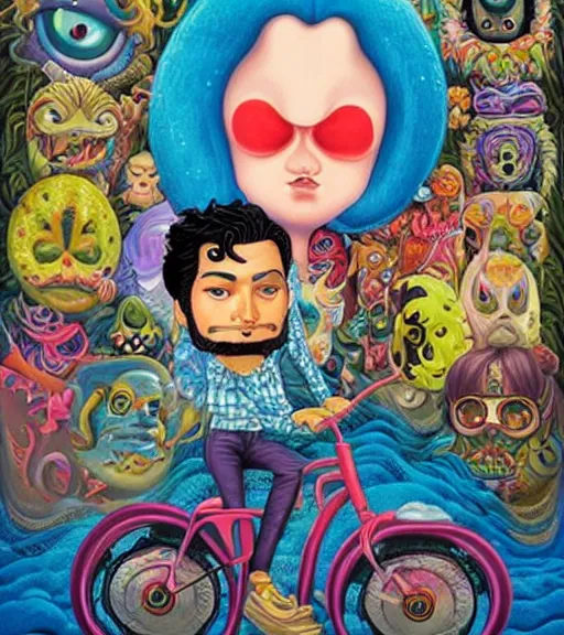 Image similar to Jason Momoa on a tricycle, lowbrow painting by Jeremiah Ketner and Hiroyuki Mitsume-Takahashi and Goro Fujita and Mark Ryden