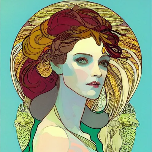 Prompt: The Goddess of Art, paint, ink, palettes, spectrum, in the style of Joshua Middleton, Mucha, Kandinsky