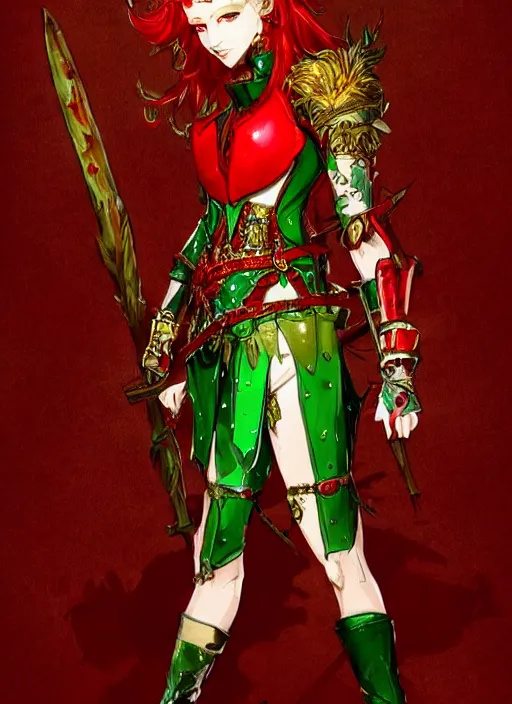 Image similar to Full body portrait of a handsome young red haired elven princess warrior wearing red, green and gold ornate leather jacket, golden tiara and an axe. In style of Yoji Shinkawa and Hyung-tae Kim, trending on ArtStation, dark fantasy, great composition, concept art, highly detailed.
