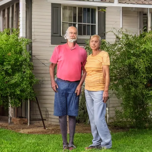 Prompt: a man and a woman around 3 0 years are standing in the backyard of a downtown home. natural faces, realistic colors, detailed photo 8 k