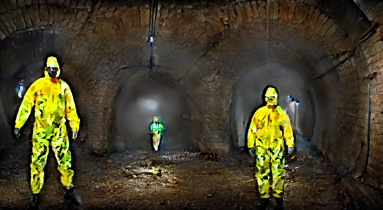 Image similar to a single man in hi viz hazmat suit wanders around a crumbling victorian london sewer, stunning render, high octane, 3 d, cinematic lighting