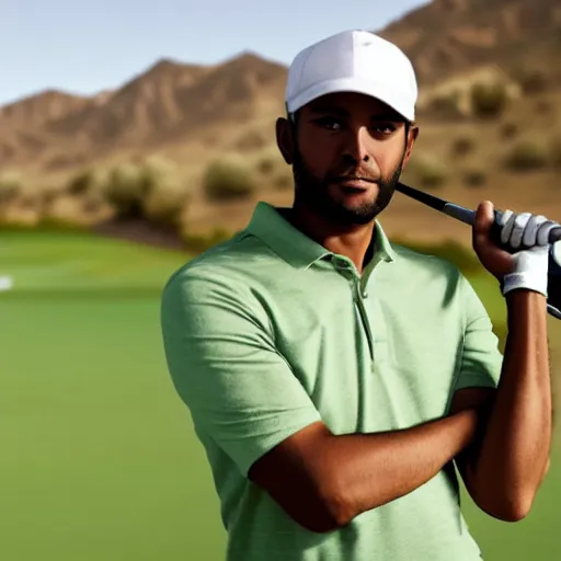 Image similar to a man with pickle textured skin tone golfing in the desert