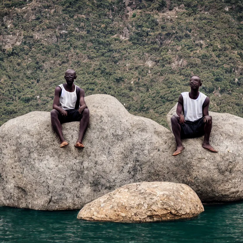 Image similar to an african man with wings sitting upon a large rock in the middle of a calm lake.