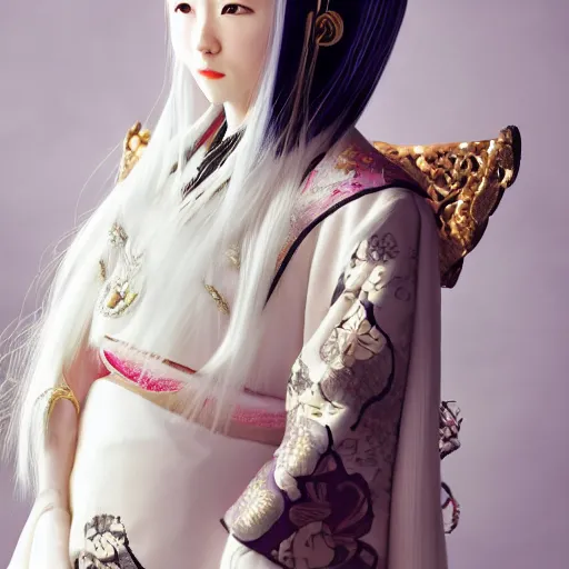 Image similar to full body shot of a japanese princess young lady, beauty, with a long white, white hair, ganyu cosplay, artwork by Akihiko Yoshida