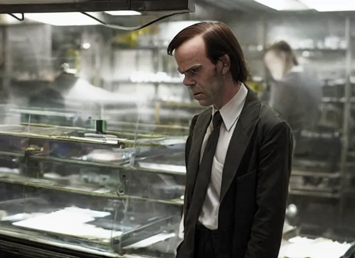 Image similar to film still of young hugo weaving as agent smith working in a bakery in the new matrix movie, 4 k