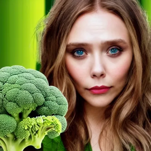 Image similar to elizabeth olsen with a [ [ head made of broccoli ] ]!!, trending on cgsociety, 4 k quality, intricate