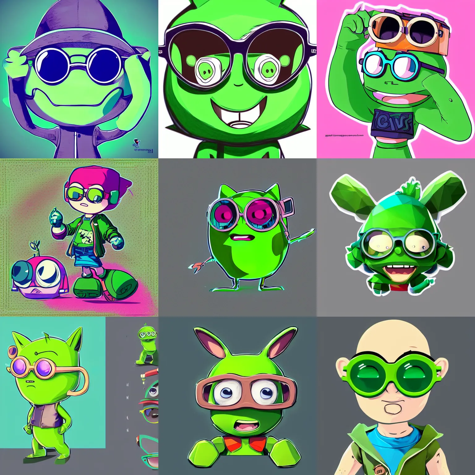 Prompt: a drawing of a green cute character wearing oversized dark round glasses, vector art by Jan Konůpek, 2d game art by Pixar, set of stickers by Akira Toriyama, featured on polycount, behance contest winner, mingei, sketchfab, low poly
