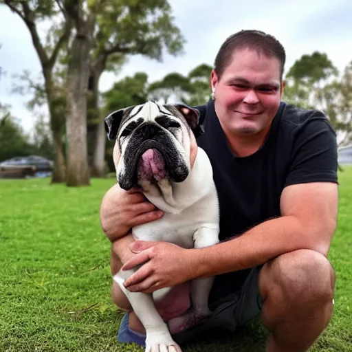 Image similar to a homless man holding an english bulldog wearing a crown