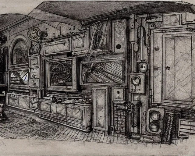 Image similar to steampunk mechanical electrical television set sketch by leonardo da vinci