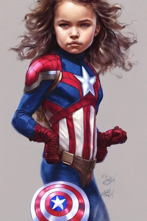 Prompt: a little girl with a michievous face and light brown curly wavy hair. she is dressed as captain america, spider - man, batman, captain marvel, a superhero. clean elegant painting, beautiful detailed face. by artgerm and greg rutkowski