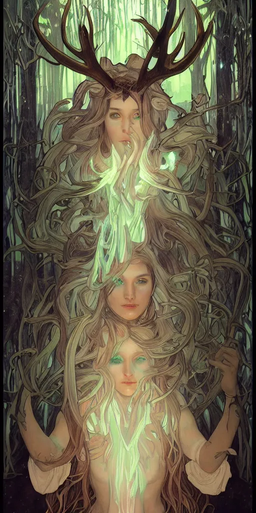 Image similar to intense bioluminescent glowing pagan god with antlers and tusks and pure black eyes in very dark forest by artgerm and alphonse mucha, portrait, fantasy, clear, light beams, lens flare, intense, uhd, amazing depth, cinematic lighting