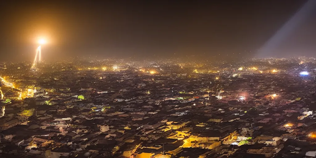 Image similar to large UFO over Ajegunle slums of lagos beaming neon rays of light, wide angle, Gold hour light,