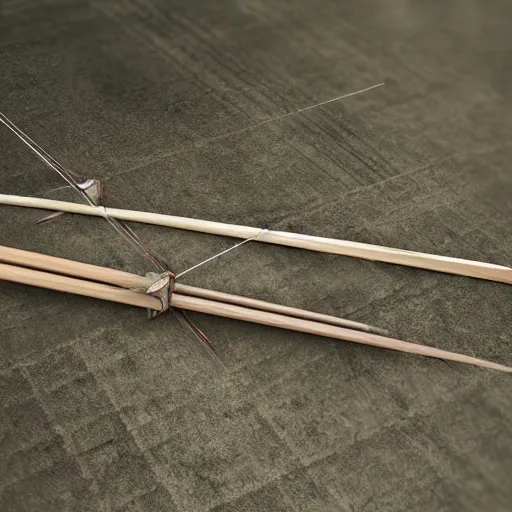 Prompt: photorealistic wooden longbow drawn with an arrow