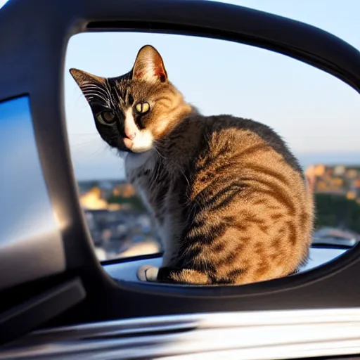 Prompt: cat sitting in driver seat of a cabriolet, paws resting on top of steering wheel, golden hour, top view